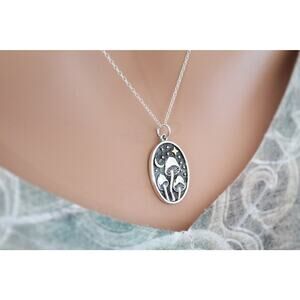 Sterling Silver Mushroom Pendant with Bronze Star and Moon Necklace